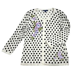Rsvp by TALBOTS Women’s Cardigan Sz M Sweater White Polka Dot Floral Embroidered